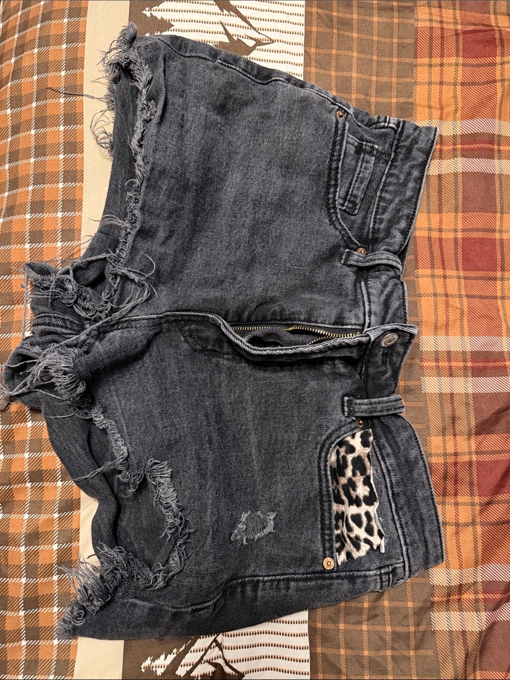 Old Navy Black Distressed Denim Shorts with Leopard Accent